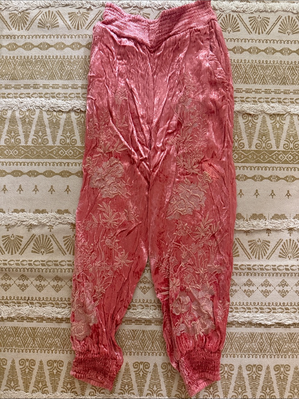 Anthropologie Rose Pink Crushed Velvet Embroidered Joggers
